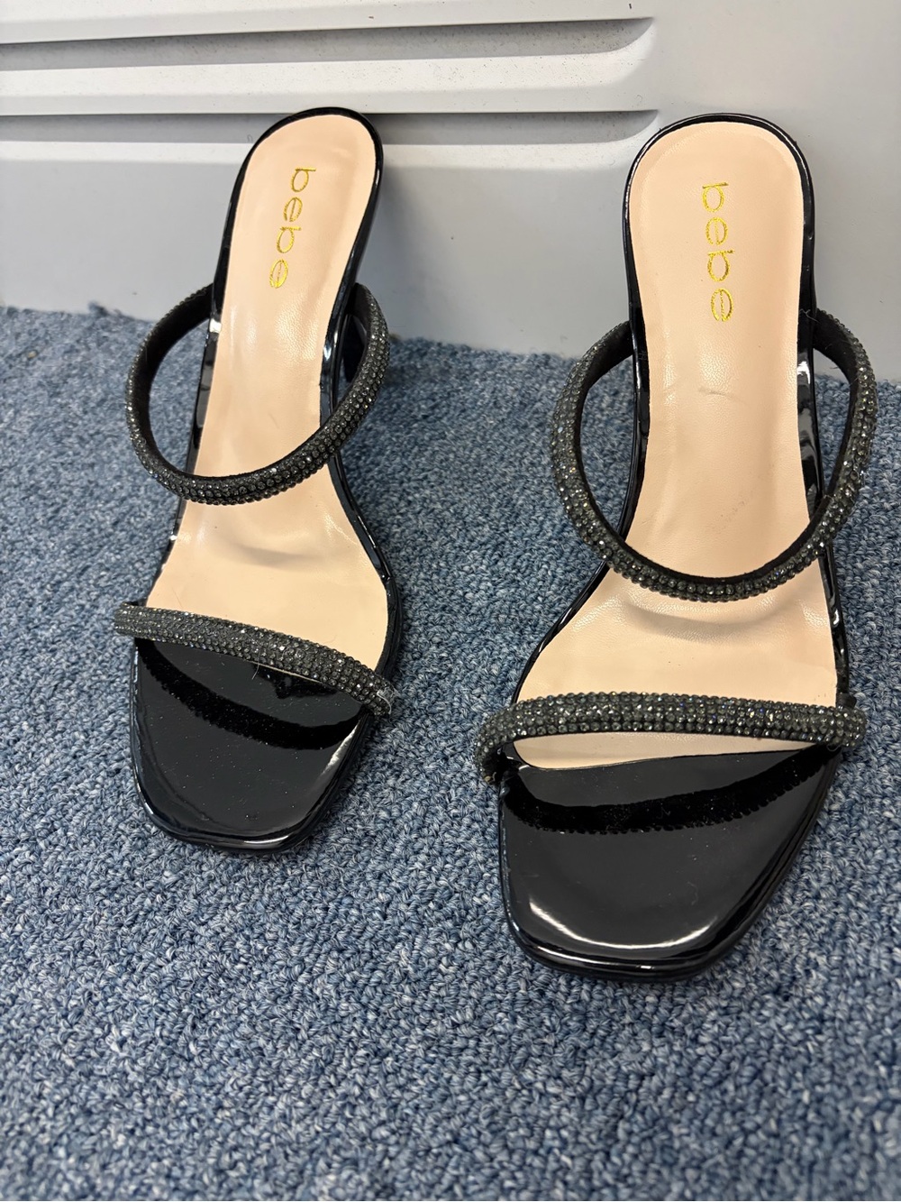 bebe Black Patent Crystal Strap Slide Heels